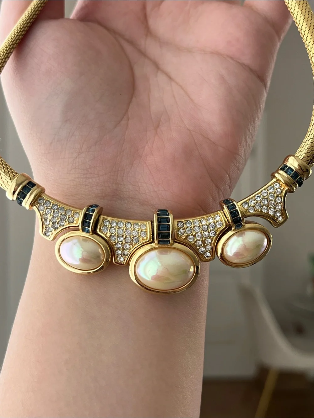 Authentic Vintage Dior Oval Pearl Cabochon Blue Stone Mesh Gold Bib Necklace